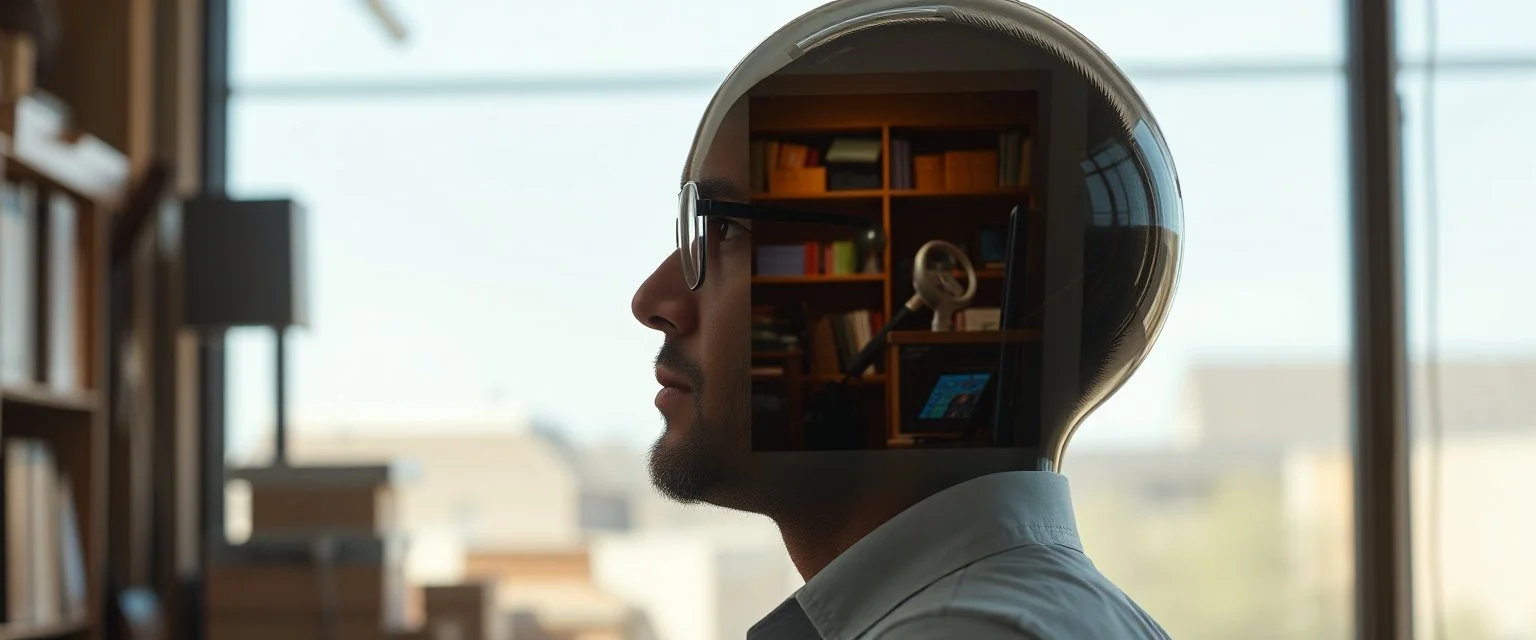 we see through a mans transparent head and there is a room inside his head with a trader in it looking out the window