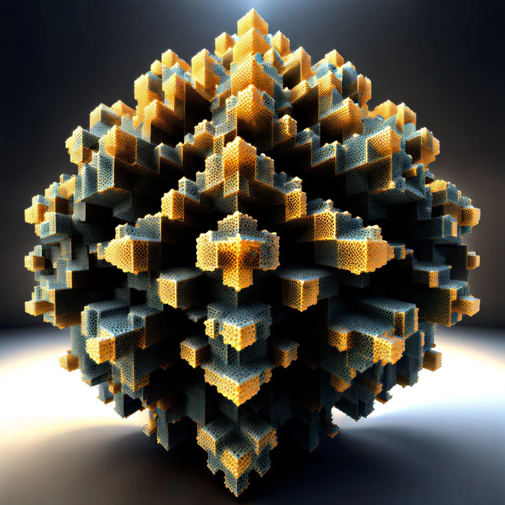 a mandelbulb 3d fractal made of small metallic random color cubes