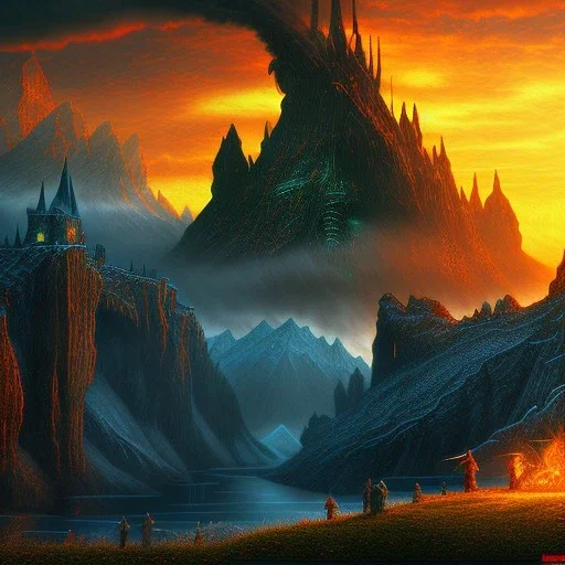 Epic Drawing of mordor scenery with a dragon of The Hobbit estilo Van Gogh 4k