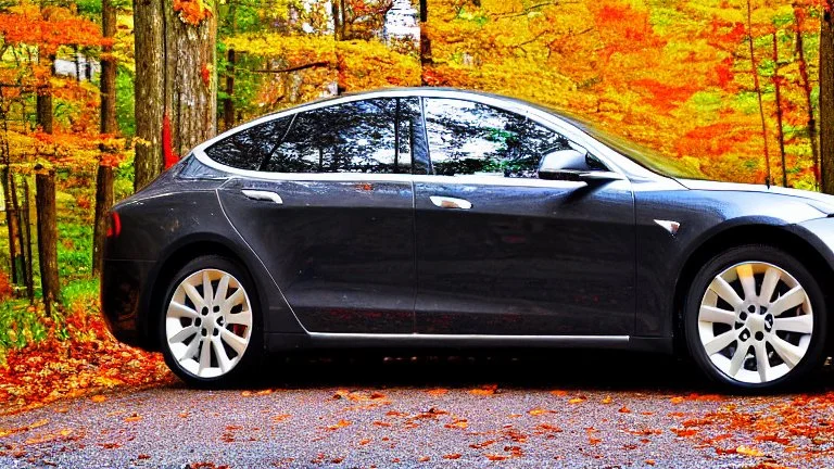 A Tesla's 'Model S Plaid' is parked, in the 'Great Smoky Mountains' National Park, in Tennessee. CINEMATIC. WIDE ANGLE LENS. PHOTO REAL.