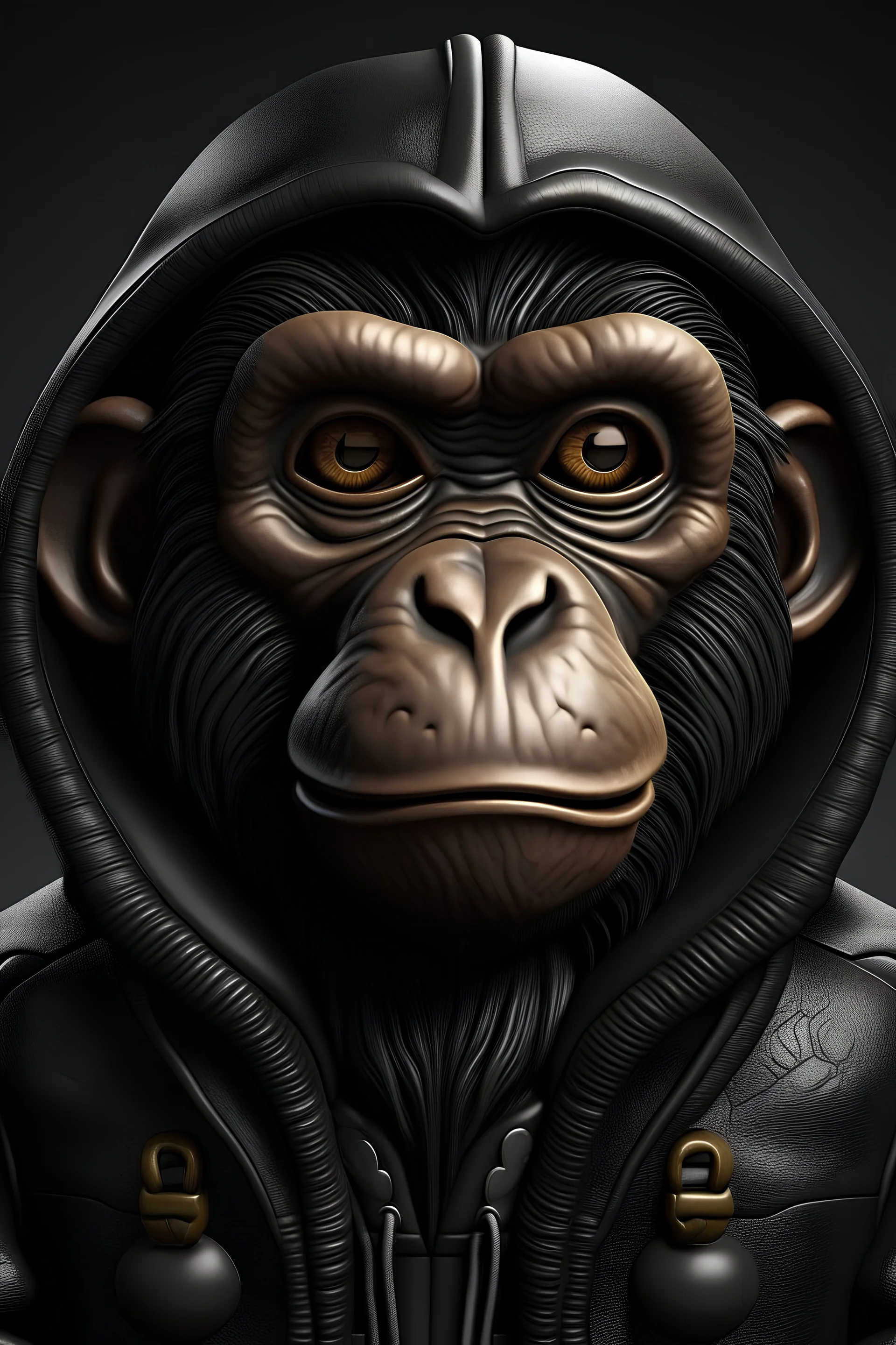 Créez une illustration d'un singe anthropomorphe avec les caractéristiques suivantes : Visage : Visage de singe réaliste et expressif, avec des traits détaillés et un regard sérieux. Vêtements : Veste à capuche noire, en cuir, avec des détails visibles et texturés. La veste doit être zippée à moitié, laissant apparaître un t-shirt noir en dessous. Assurez-vous que la veste a des poches, des coutures visibles, et une texture réaliste. Accessoires : Lunettes de soleil noires, épaisses et couvrant