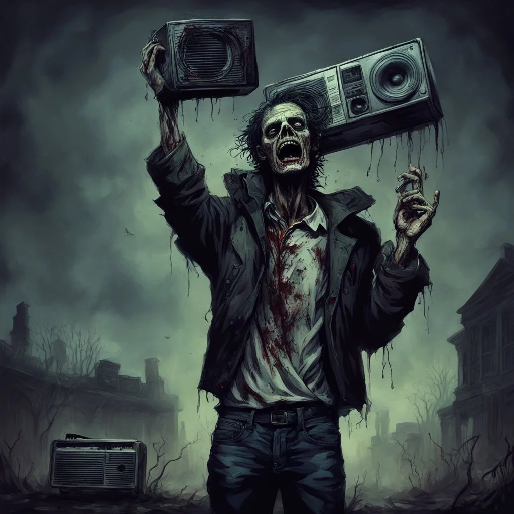 Undead rotting zombie (holding up a boombox over his head:1.9) like scene in movie "Say Anything", romantic gothic horror atmosphere, digital art, moody, dramatic, midnight zombie serenade