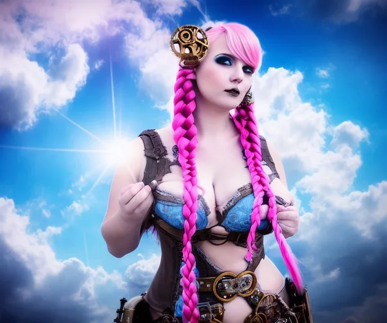 Very sensual gorgeous curvy young white woman pink hair maiden dressed in blue posing sensually with plaits, and with a skull in her hand, background of ancient marble Roman arcs heavenly sunshine beams divine bright soft focus holy in the clouds steampunk engine steampunk engine.