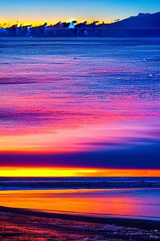 Brilliant sunset at a snow covered icy Waikiki Beach in Honolulu Hawaii covered in winter snow and ice at sunset, alcohol inks, dazzling wet bright colors, winter wonderland