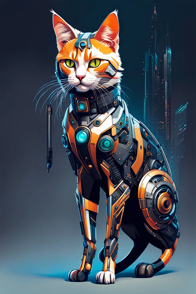 Ilustración lineal arte conceptual de un gato Calicó cyberpunk elegante, full body, hiperdetallada, increíble obra de arte, colores complementarios, maximalista