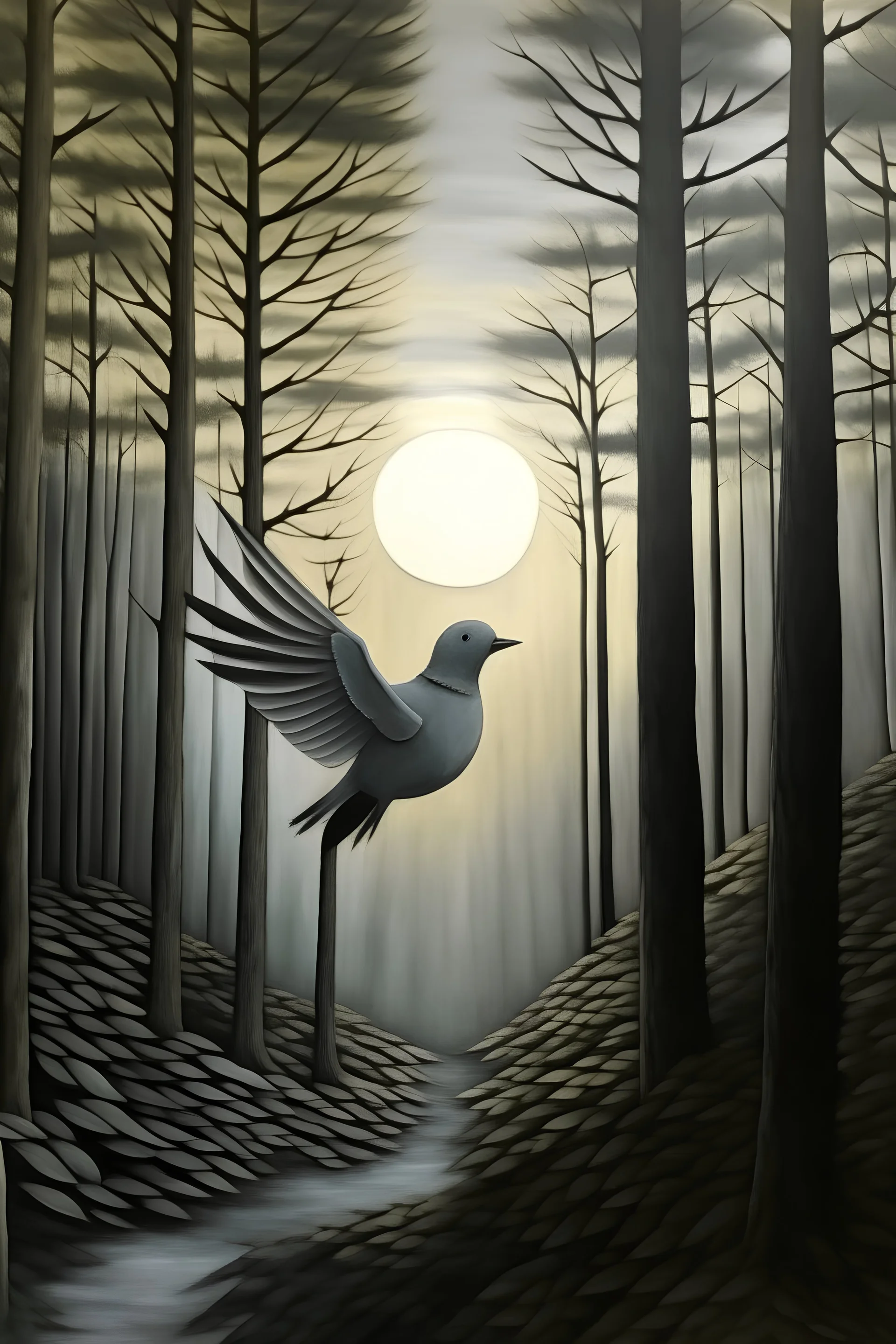 Mostrar pájaro gris volando en bosque al amanecer como Vincent Pablo Picasso