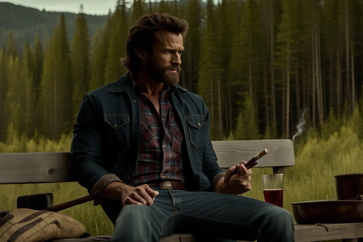 Still frame of Jared Keeso as Marvel's Wolverine in a new movie. He is wearing jeans, and a flannel shirt and smoking a cigar.