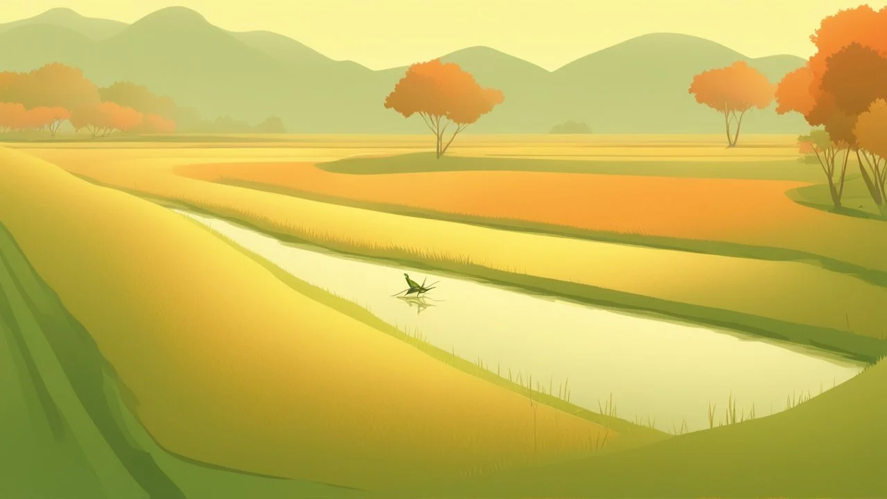 Rice field，Trees，Warm color palette，Animation，A lovely grasshopper