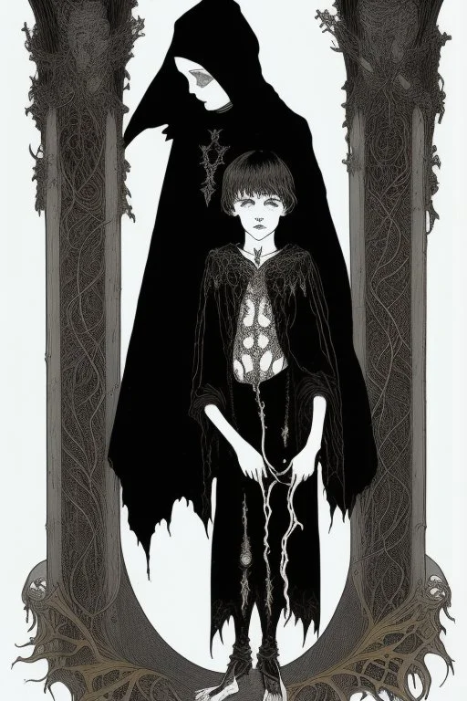 7 year old boy, necromancer, friendly, looks dead,with a long lamprey emerging from his belly , wearing black robes, in the style of Harry Clarke