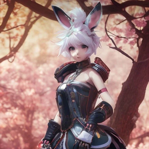Detailed cute anime rabbit girl, pink hair buns, pink bangs, black latex bodysuit, intricate details, full body portrait, keep head in frame, slight smile, black Japanese motif, concept art, highly detailed, digital painting, concept art, sharp focus, illustration, art by Yoji Shinkawa, WLOP and greg rutkowski and alphonse mucha and artgerm and yanjun Chen and Junji ito and Makoto Shinkai, HDR, octane render