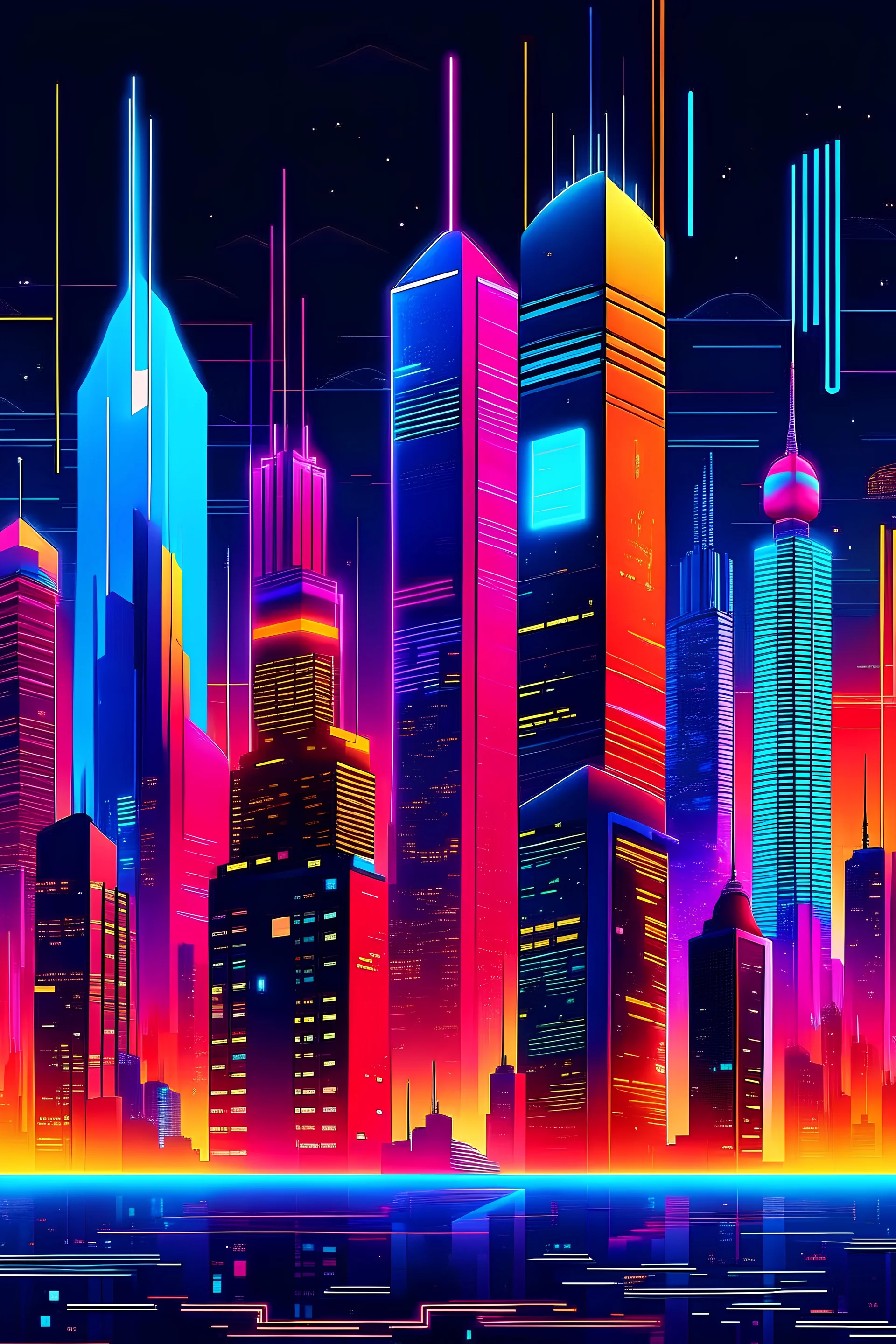 "Create an image showcasing a futuristic city skyline, with each skyscraper representing a different high-earning skill of 2024. Use vibrant colors and glowing neon signs to symbolize technological innovation."