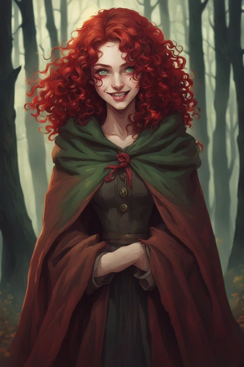 Evil sadistic eighteen-year-old girl, green eyes, blood-red curls, dressed in a brown cloak, smiling in the middle of the forest