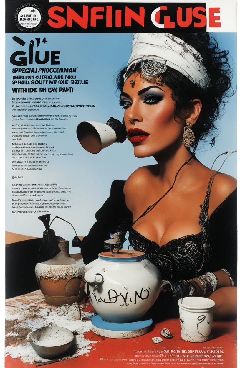 SNIFFIN’ GLUE magazine high res photo cover by Ralph Steadman: special issue #42 on kabyle sculpted pot, guest star: Aziza Zakine as Brigitte Fontaine in agent provocateur with no inhibitions, she is painting an explicit pot with no inhibitions. [a lot of writing and table of content issues like indie magazines]
