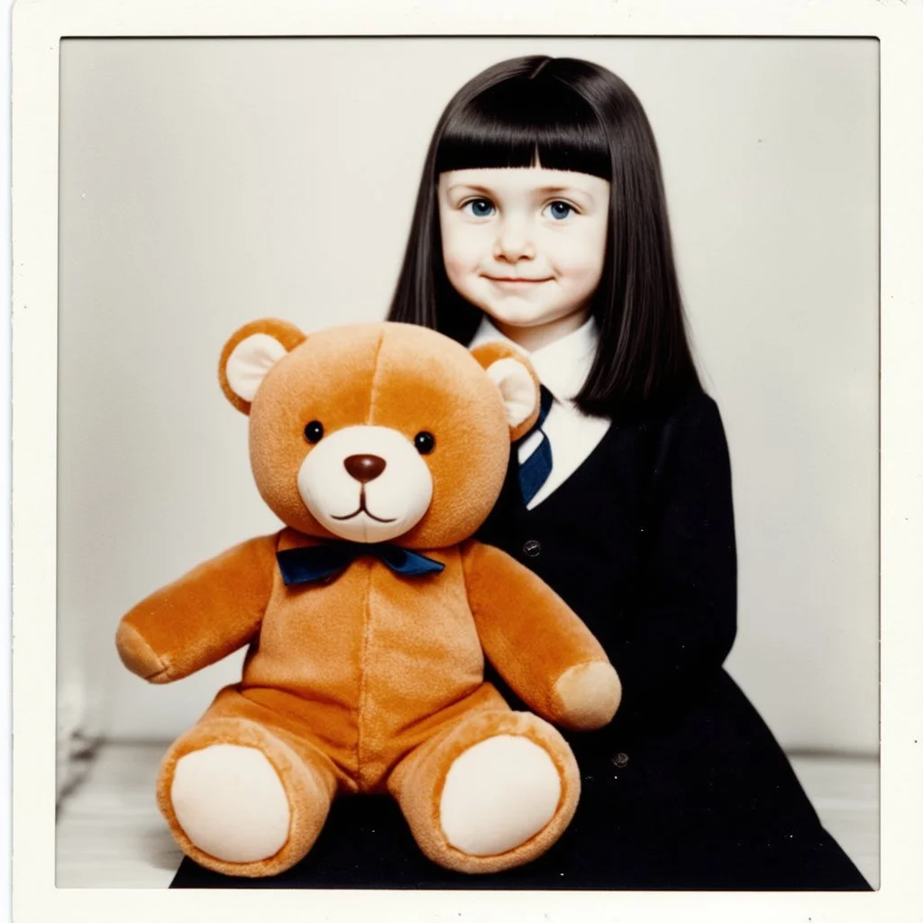 White haired wednesday addams as a child, with an ugly teddy bear, polaroid, 1970s