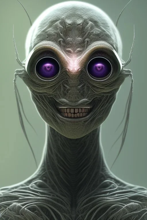 spider alien, head,8 eyes, smile, 8k, with hairs, finely detailed, photo realistic, HR Giger style