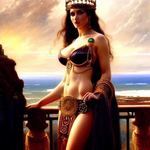 Drawing of beautiful face busty Celtic queen,balcony,view,cliffs,sea,ancient leather armor, balanciaga fashion clothe painting by gaston bussiere, greg rutkowski, yoji shinkawa, yoshitaka amano, tsutomu nihei, donato giancola, tim hildebrandt, oil on canvas, cinematic composition, extreme detail,fit full head inside picture,16k