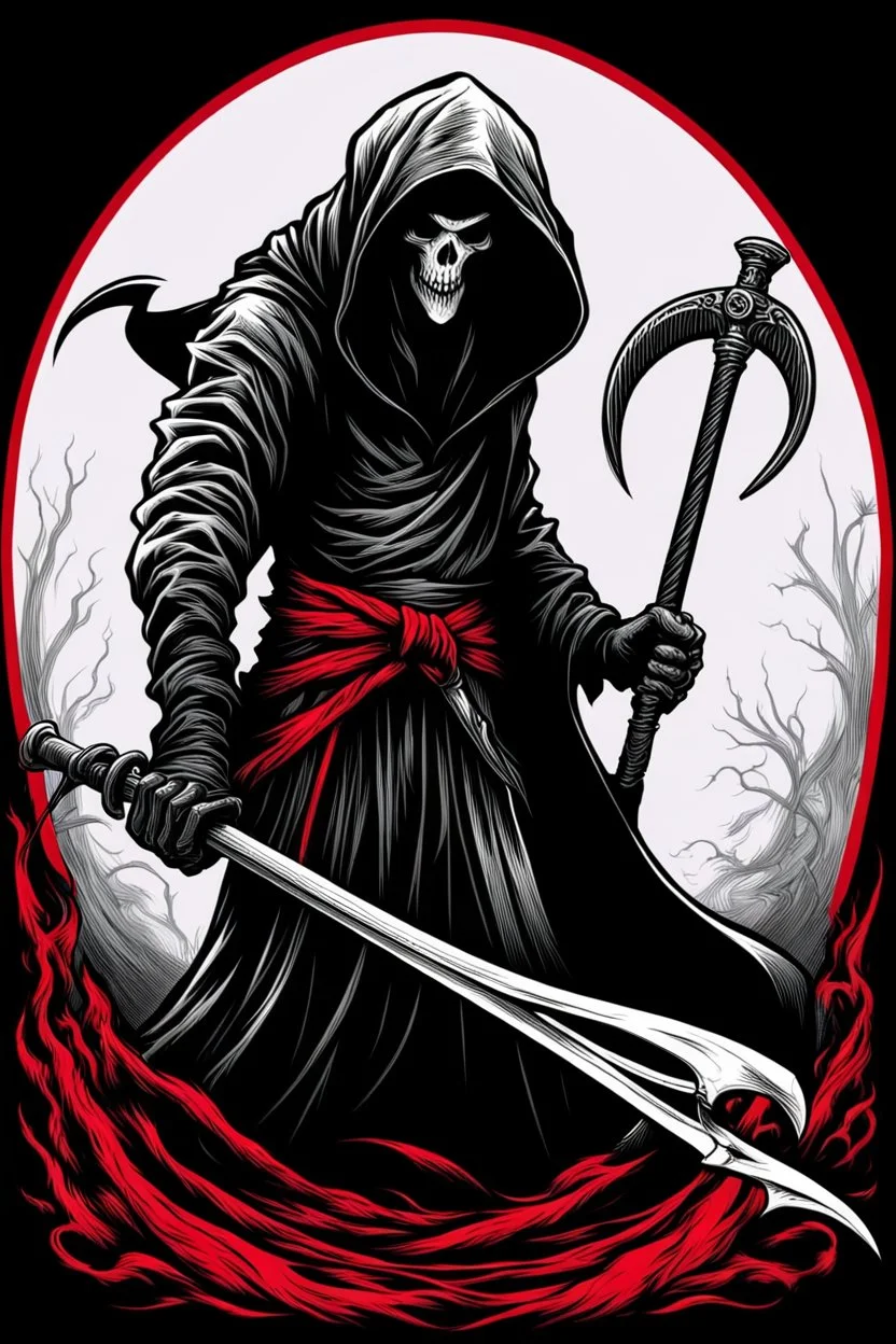 hooded Grim-Reaper gripping scythe, vignette, black and white graphic novel style with a red outline, and black background,