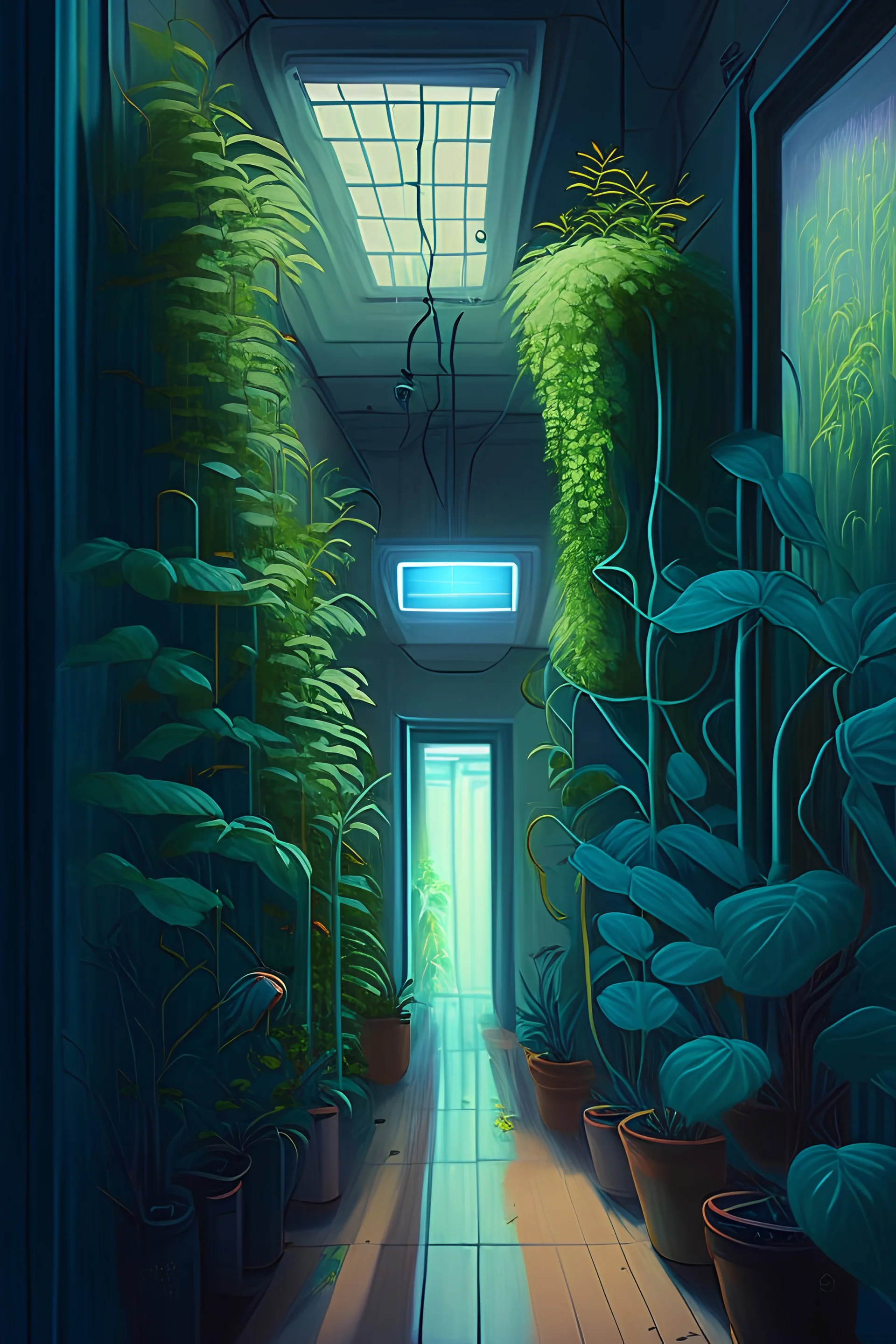 painting of corridor full of plants and windows with several sensors plugged everywhere