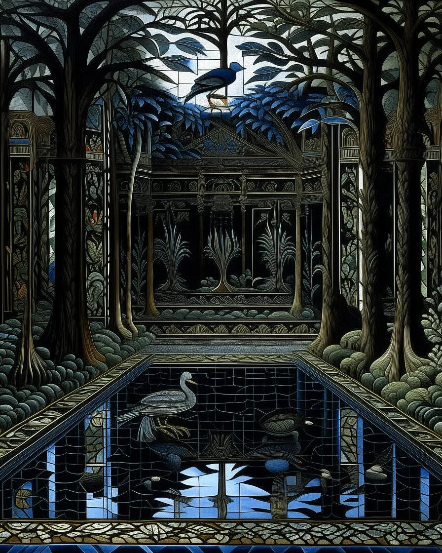 A black shadowy swamp designed in ancient Roman mosaics painted by Peter Carl Faberge