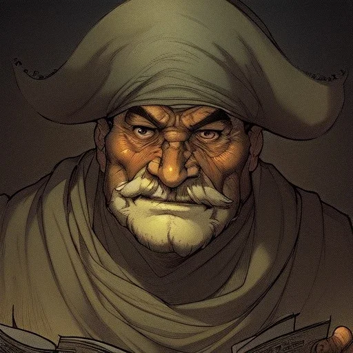 Portrait of old rough pirate :: : lithograph, ink drawing :: : trending on artstation, insane details :: : ART OF BOB KEHL style:.studio ghibli,andrea bonelli,Kilian Eng,Ohrai, korra character, style.