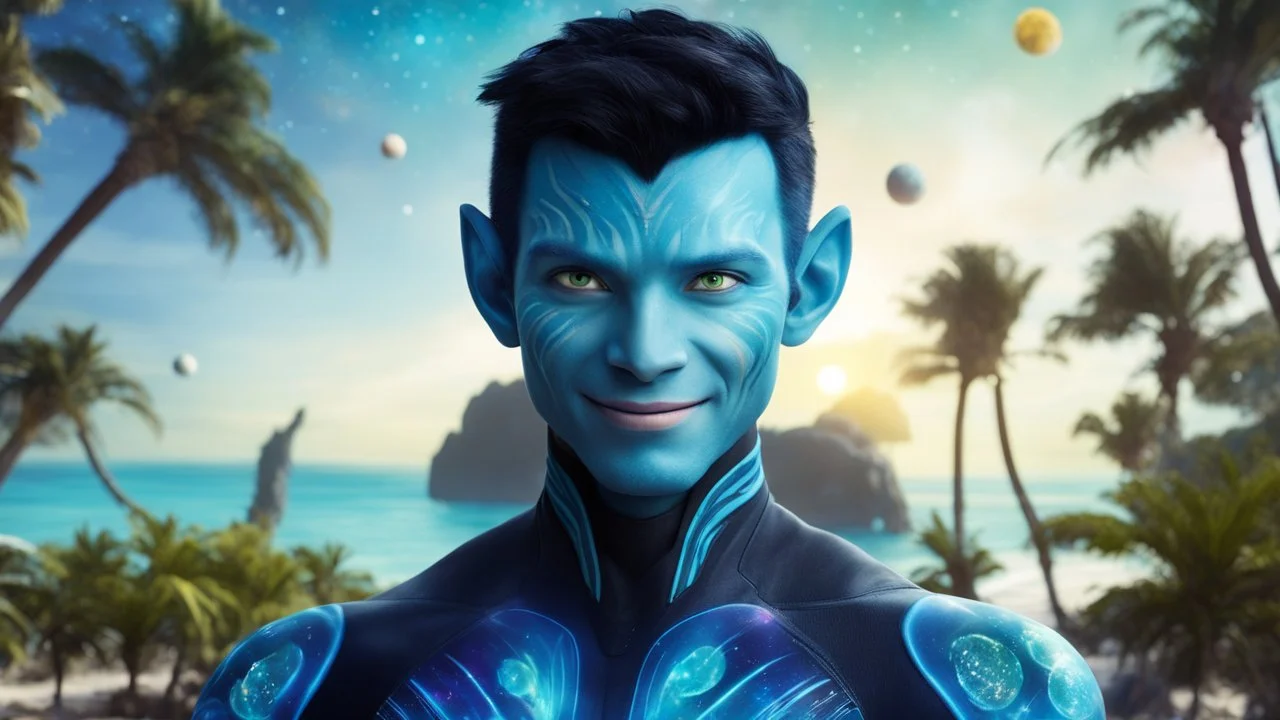 beautiful gorgeous man na'vi with short hair, Avatar, blue skin, two ears, green eyes, black hair, in cosmic suit, galactic ambiance, smiling, with spaceship and planets and palm trees and clear crystaline cosmic beach in background