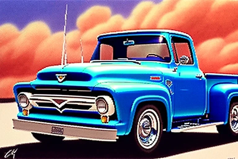 a true-to-life 1956 ford f-100, classic wheels, centered, intricate, extreme detailed, photorealism, center view, suburb background, pivot on ford, pen and color marker, painting by cheryl kelley