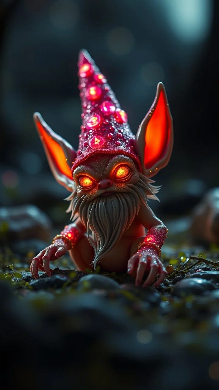 glittering Deep Gnome (Svirfneblin) gremlin, goa psy ambient in the style of vangelis and fsol, source vibrations, bokeh like f/0.8, tilt-shift lens 8k, high detail, smooth render, down-light, unreal engine, prize winning