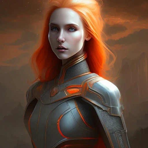 fantasy setting, woman, orange locks, white locks, more orange hair