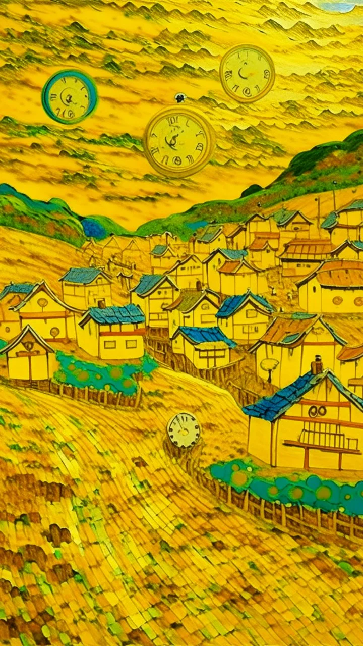 A golden yellow Japanese village with mystic clocks painted by Vincent van Gogh