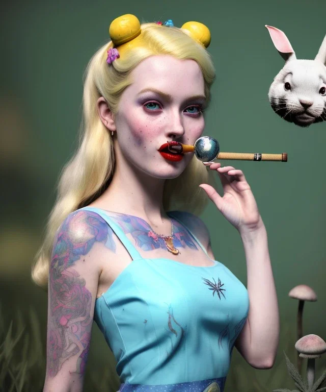 Ultra realistic portrait, wonderland, happy blonde Alice smoking a pipe, blue dress accompanied by elegant anthropomorphic white rabbit, circus dress style, old school tattoo, laughter, smoke, marijuana garden, mushroom lamps, glow eyes, perfect iris, soft color, highly detailed, unreal engine 5, ray tracing, RTX, lumen lighting, ultra detail, volumetric lighting, high definition.