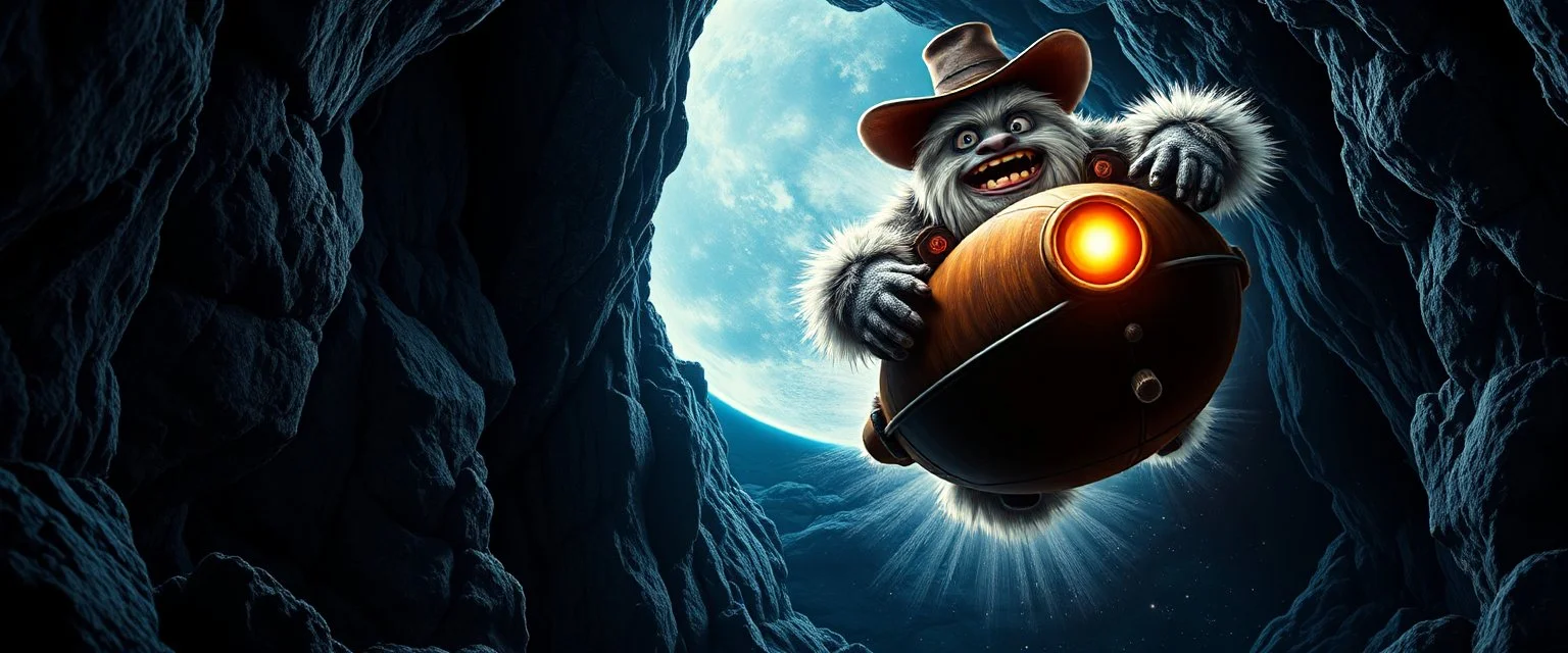 movie poster, soap opera, cowboy Abominable Yeti in space ship in cave