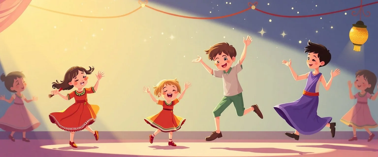 illustration of preschool children playing and dancing. fantastic lighting, chaabi children's book proportions