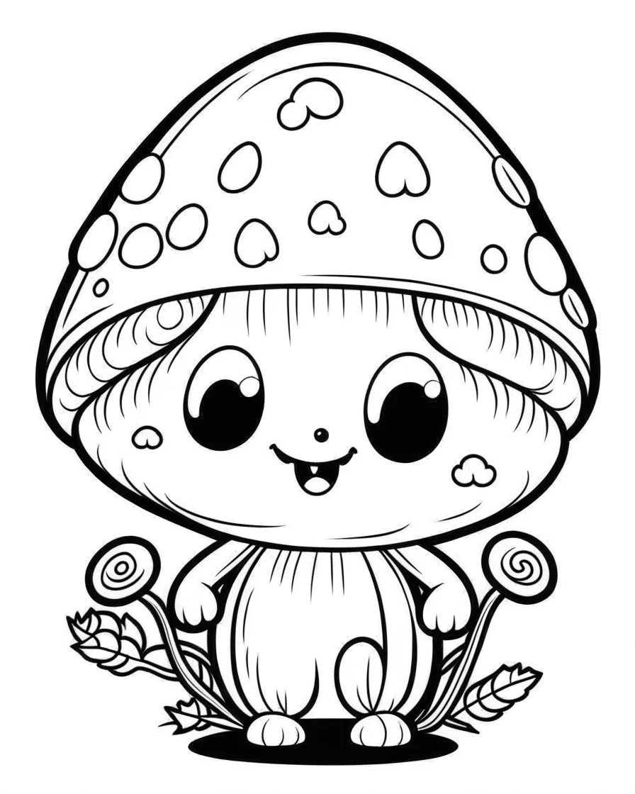 Black and white outline art only for cute coloring book pages, cute kawaii mushroom, all white, white background only, whole body, sketch style, full body, only outlines used, cartoon style, 2d