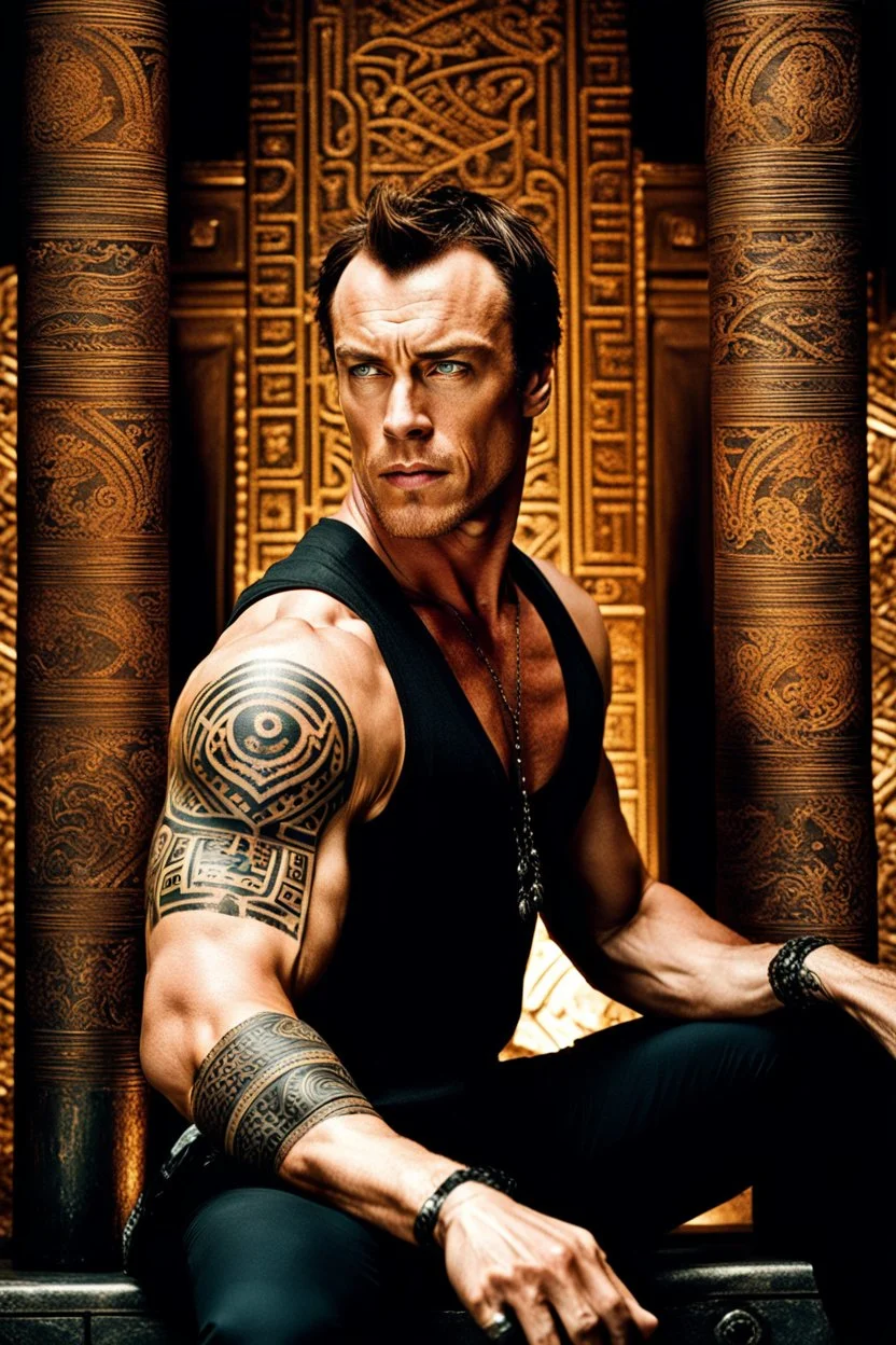 Toby Stephens as muscular man with short hair and tribal tattoos and piercings. sitting, realistic face, close-up, modern fantasy, intricate details, hyper detailed
