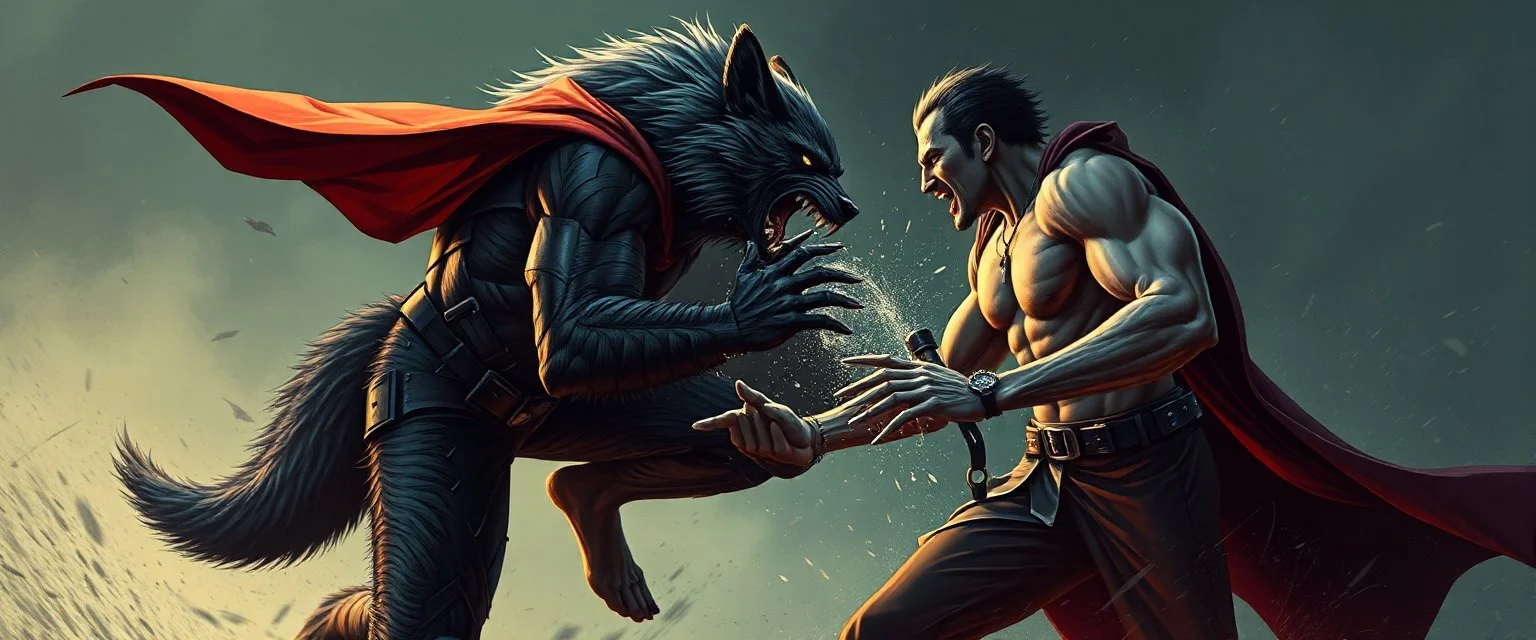 werewolf vs vampire cyberpunk action scene, acrobatic dodge, cape, all seen drown on isometric grid, wolf giving him the biggest stomach punch, power lift grab, claw fists
