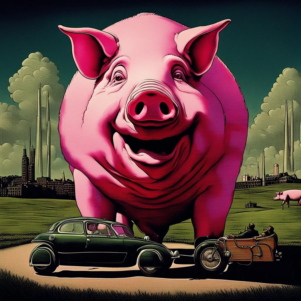 Big man, pig man; charade you are you well-heeled big wheel; Pink Floyd aesthetic, neo surrealism, porcine hallucination