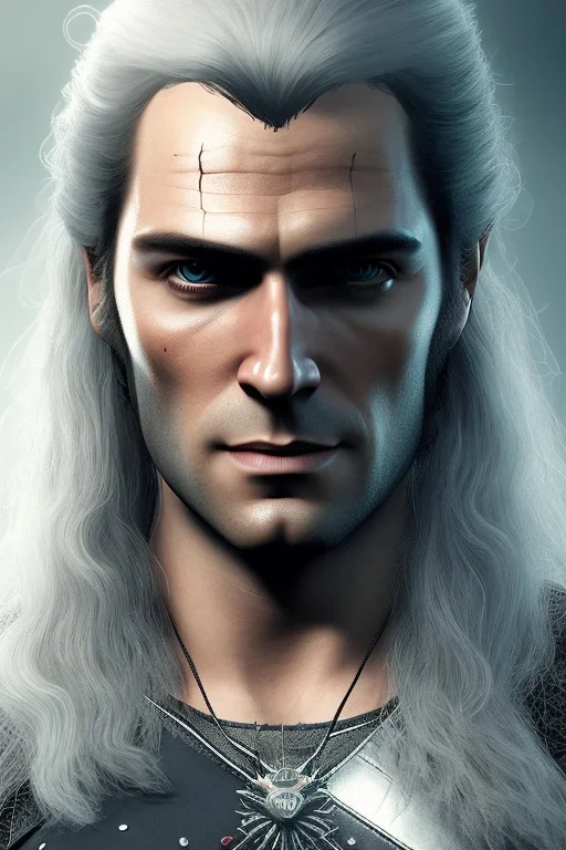 Henry cavil Perfect face, long white hair, wearing The witcher 3, realistic, 4k