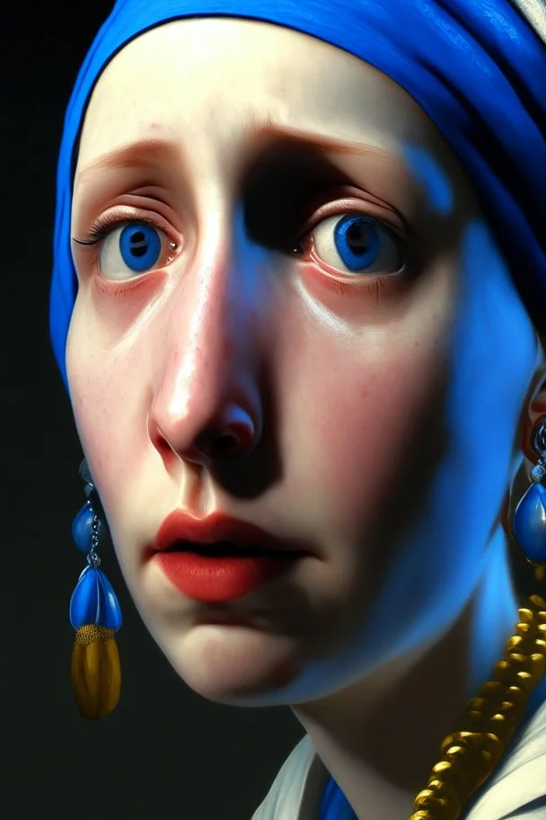 Portrait Painting Of a Beautiful Woman, scared, crying eyes, Girl with a Pearl Earring, 30 years old, looking behind, shining background, Unreal 5, Daz, Hyperrealistic, Octane Render, Dynamic Lighting, Volumetric lighting, Intricate Detail, Summer Vibrancy, Cinematic