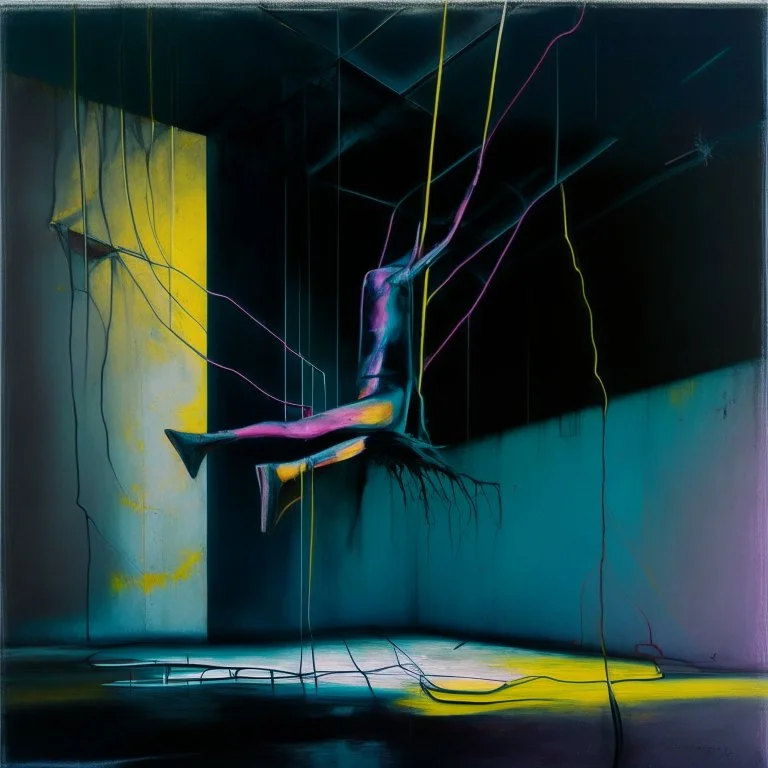 Minimal abstract oil painting of a falling person limbs sinew. in concrete warehouse brutalist architecture and hanging wires illuminated at night. With triadic colours. In the style of Justin Mortimer and Francis bacon