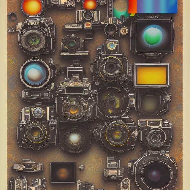 components of the camera laid out flat. poster design. high detailed. oil on canvas.