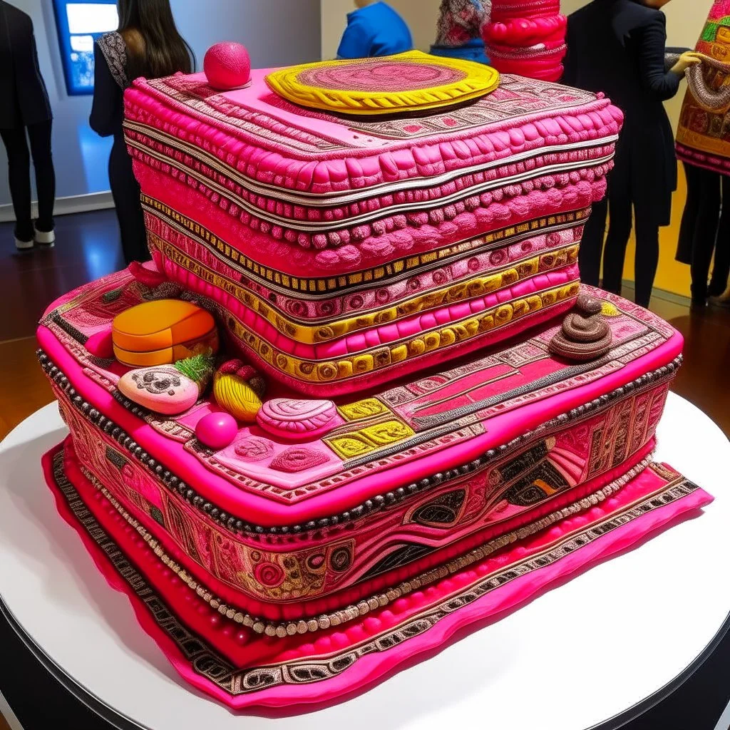 A giant pink cake filled with musical instruments designed in Kuna Molas