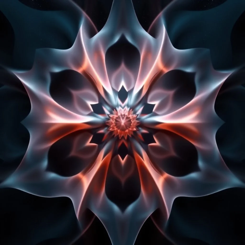 Mesmerizing abstract 3d visual, recursive Symmetrical structure of flowing translucent shapes, centered, soft aesthetic, negetive space.galaxsy background