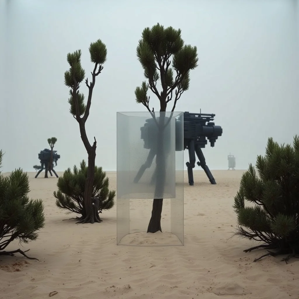 Fotografia di una scena surreale e concettuale, un'installazione. Alberi. Al centro si vede un elemento trasparente. La superficie sottostante è sabbiosa, con piccole dune o accumuli di sabbia. Sullo sfondo si intravedono altre forme o strutture, alcune delle quali scure e dall'aspetto meccanico, hasselblad h6d400c, buio, molto nitido, scarsamente illuminato, forte senso di ambiguità