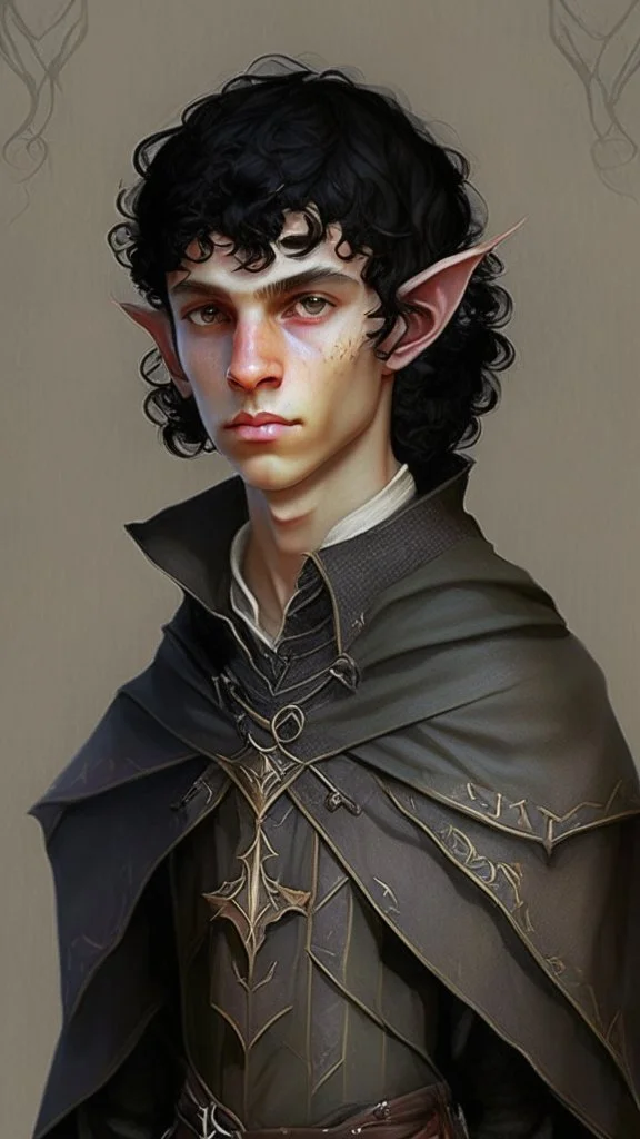 a teen elf. he has curly, black hair and sharp cheekbones. His eyes are black. He wears fantasy medieval clothes. he is lean and tall, with pale skin. with all full body