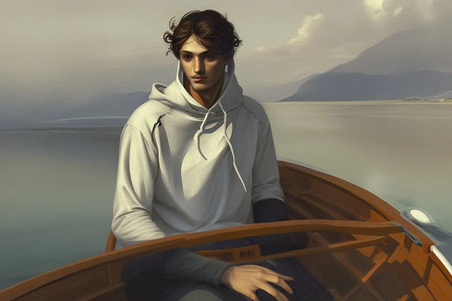 Modern man in a boat wearing hoodie by Andrea del Sarto