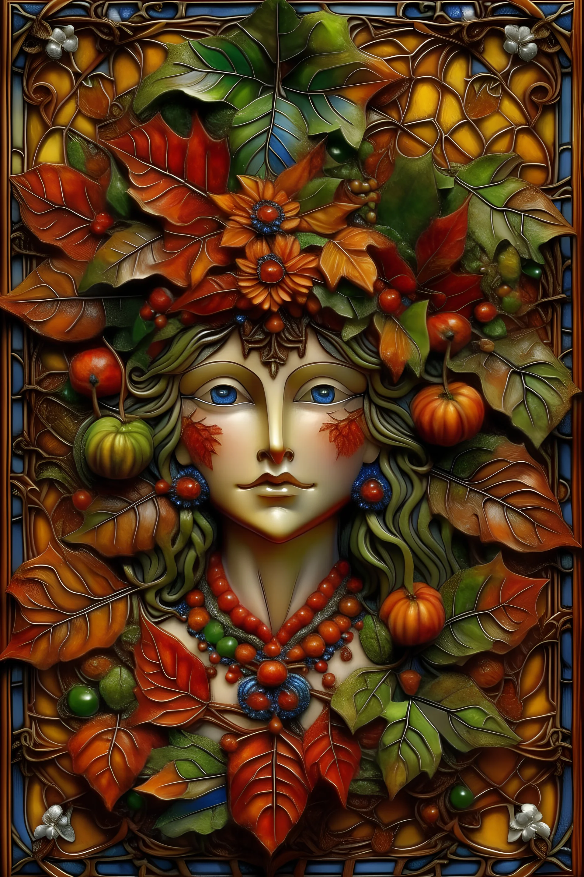 beautiful Forest fairy lady portrait, adorned with textured goth decadent autumn orange and green leaves and botanical floral azulejo ceramics art nouveau floral ribbed and red berry ribbed armour in the embossed woods background , wearing forest floral and leaves fairy art nouveau azulejo ceramicsmineral stone headdress, organic bio spinal ribbed detail of full azulejo ceramics embossed floral backgreong extremely detailed hyperrealistic concept art