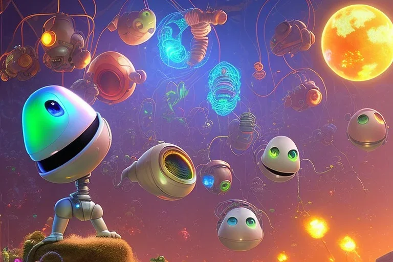 pixar style, volumetric nanorobot environment and background, nano photography, flocks of organic nanorobots, communicating between glowing wires and cables, highly detailed, sharp focus, intricate concept art, digital painting, ambient volumetric lighting, 8k, uhd, renderman render, curvature shader, ambient occlusion, colorful, visionary art by sam curry