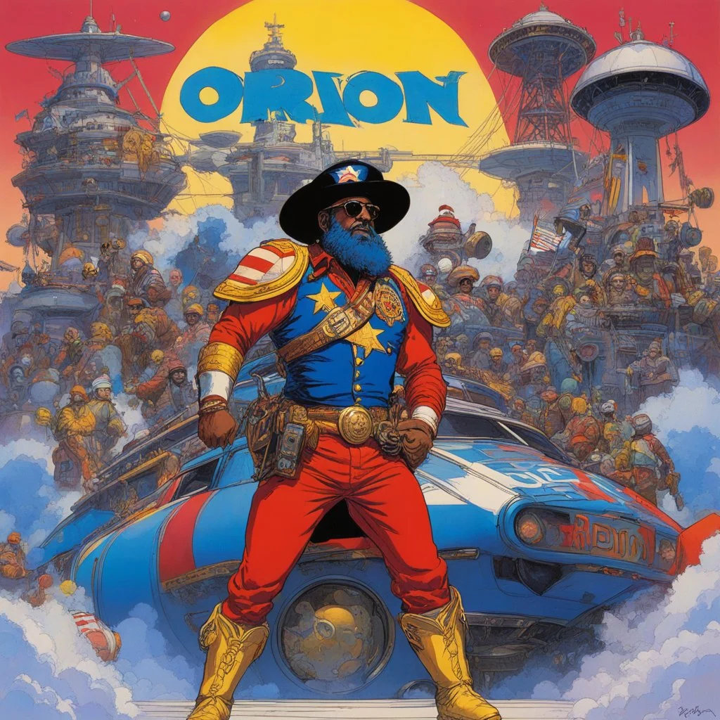 (in the style of Orion, by Masamune Shirow) Hooray for captain Spaulding the African explorer Hooray hooray hooray Ernst and peter max