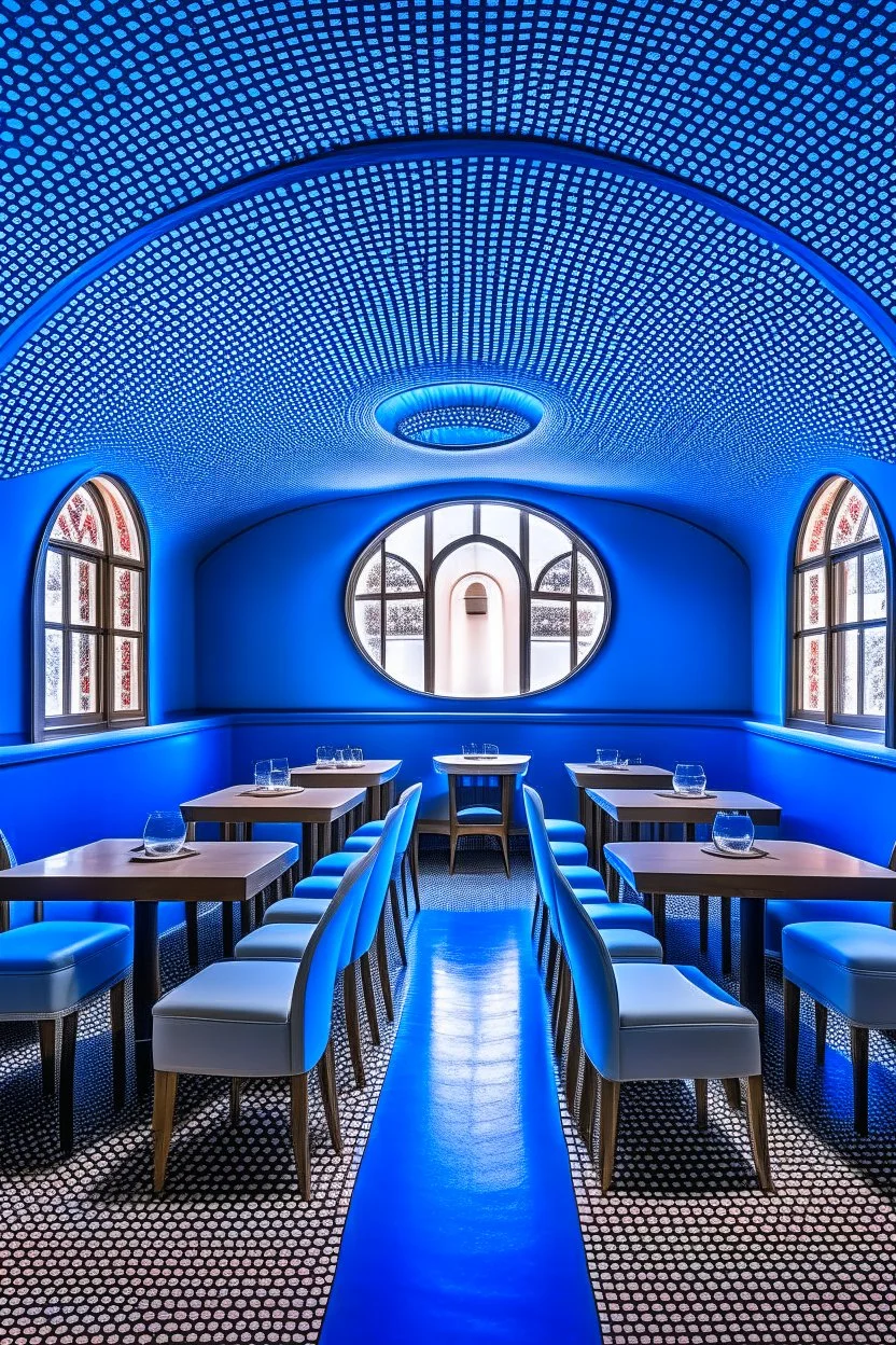 A restaurant with the outer shape of the walls in blue and a white floor. It contains one table in the middle of the restaurant, and the walls are oval in shape, containing 30 chairs.