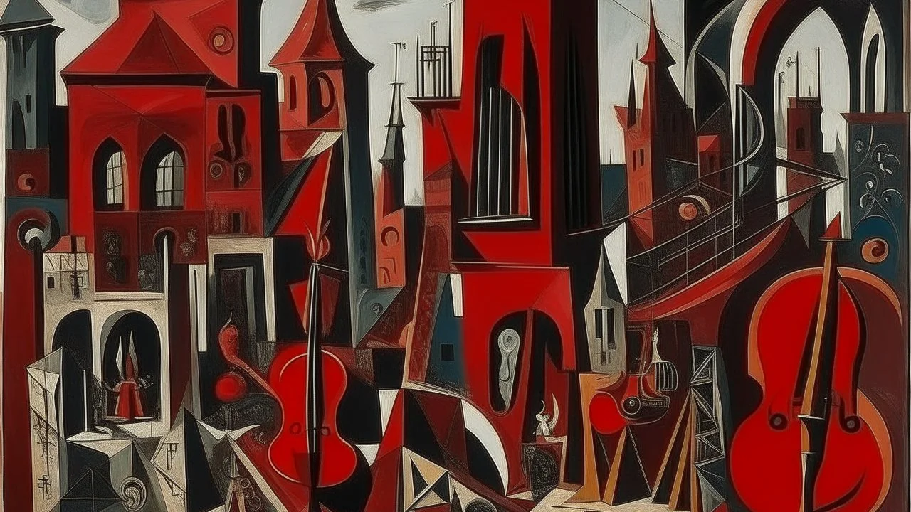 A dark red city made out of jazz instruments painted by Pablo Picasso